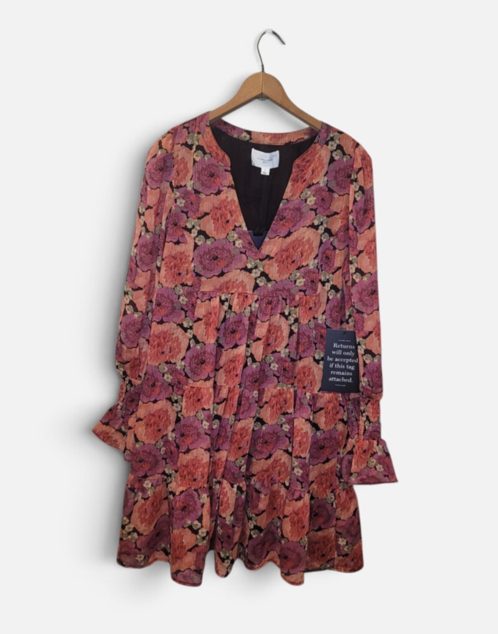 Pomander Place Rose Chiffon Kenzo Long Sleeve Mini Dress Size Large NEW Boho